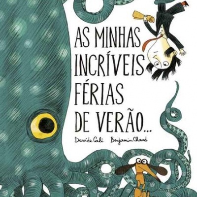 Capa de livro com polvo, homem pendurado e cão, com texto em português.