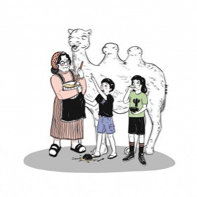 Ilustração de mulher e duas crianças junto a um camelo branco com três corcovas