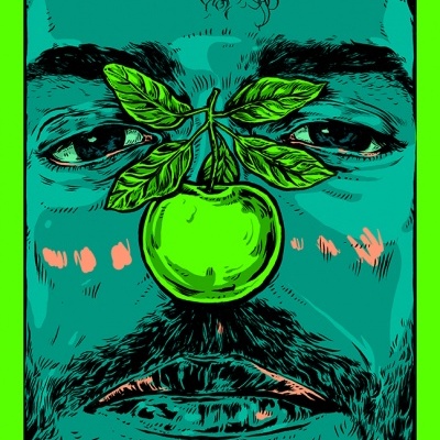 Ilustração artística de rosto masculino com maçã verde no nariz sobre fundo verde