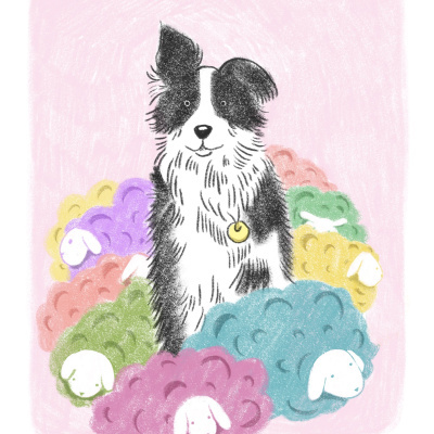 Desenho de cão preto e branco com ovelhas coloridas num fundo rosa claro