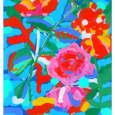 Pintura colorida de flores e folhas sobre fundo azul com assinatura Teresa Rego