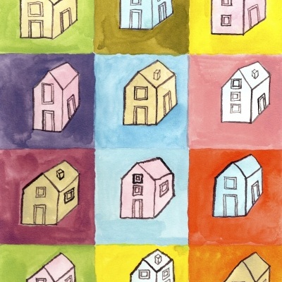 Desenhos coloridos de casas estilizadas em fundos quadrados coloridos.