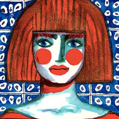 Ilustração de mulher com cabelo laranja, maquilhagem facial branca e bochechas vermelhas, fundo azul com padrão branco