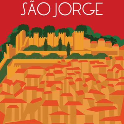 Cartaz colorido do Castelo de São Jorge com texto em branco sobre fundo vermelho
