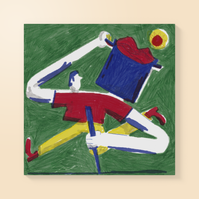 Desenho colorido em fundo verde com figuras humanas vestindo roupas coloridas abstratas