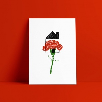 Cartão branco com ilustração de flor vermelha e forma de casa preta no topo, sobre fundo vermelho