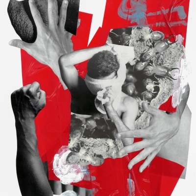 Colagem artística com várias mãos, cabeça coberta e elementos naturais sobre fundo vermelho