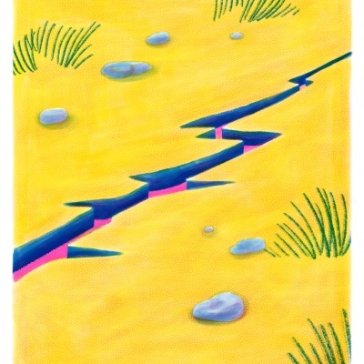 Solo amarelo com rachadura, pedras cinzentas e relva verde