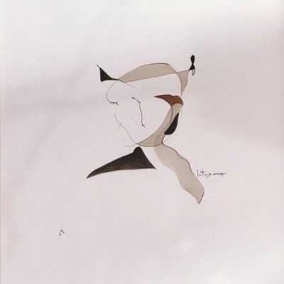 desenho minimalista de rosto abstrato em papel branco com assinatura