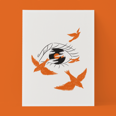 Cartaz branco com ilustração de olho e pássaros laranja, fundo laranja
