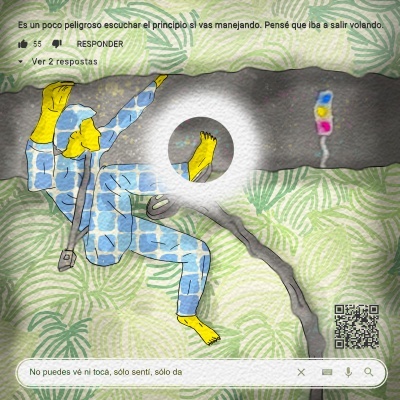 Figura em pijama azul e branco a cair sobre fundo com padrão de folhas verdes, com texto e código QR