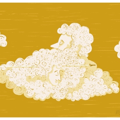 Ilustração de ovelhas e nuvens brancas em fundo amarelo mostarda