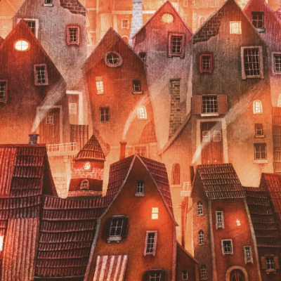 Ilustração de casas antigas vermelhas com janelas iluminadas e fumos nas chaminés