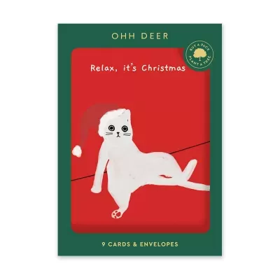 Pacote de cartões de Natal com ilustração de gato branco e texto Relax, it's Christmas
