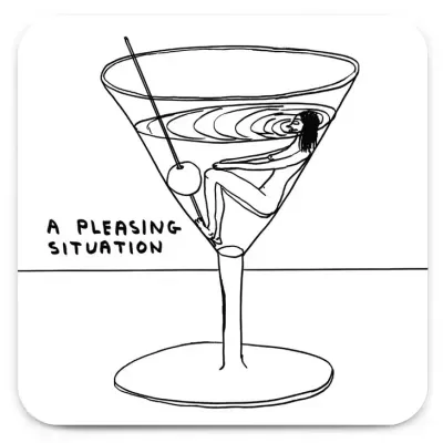 Desenho a preto e branco de um copo de cocktail com texto A PLEASING SITUATION