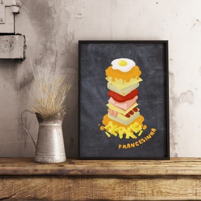 Pôster decorativo com ilustração de hambúrguer empilhado e jarro metálico com planta seca