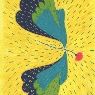 Ilustração abstrata com formas em azul, verde, preto e flor vermelha sobre fundo amarelo