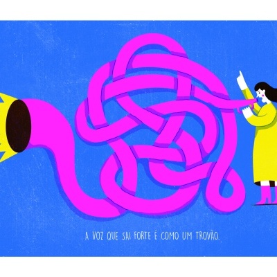 Ilustração de mulher com casaco amarelo ao lado de trombeta rosa retorcida e texto em português