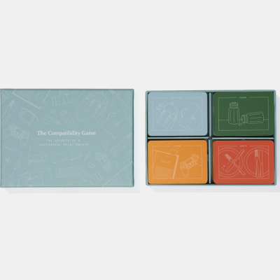 Jogo de cartas The Compatibility Game com quatro conjuntos coloridos e caixa azul clara.