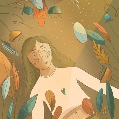 Ilustração de mulher com folhas coloridas e luz