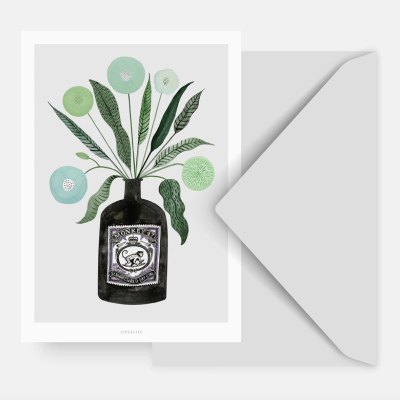 Cartão postal com ilustração de jarro e plantas, com envelope cinzento