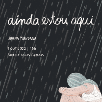 Cartaz com texto branco sobre fundo preto e ilustração de pessoa sentada com cabelo azul sob chuva.