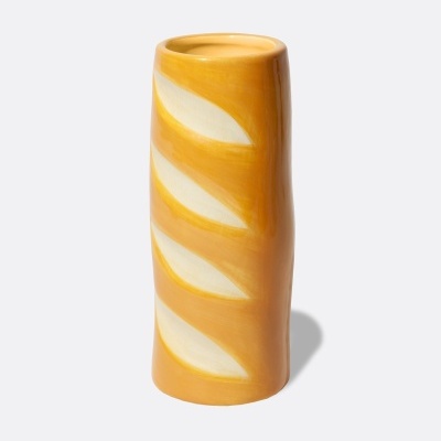Vaso cerâmico castanho alaranjado com padrão ondulado branco