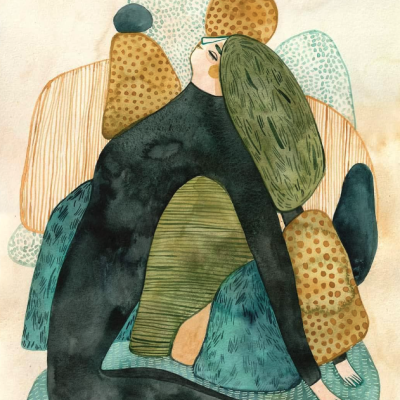 Ilustração abstrata de figura humana rodeada por formas orgânicas coloridas.