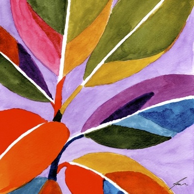 Pintura abstrata colorida com folhas largas em várias cores sobre fundo lilás