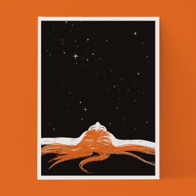 Poster com pessoa de cabelo laranja e fundo estrelado em parede laranja