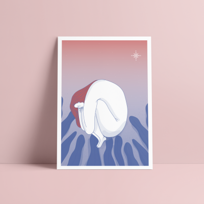 Cartaz abstrato com figura branca curvada sobre fundo degradê rosa e lilás