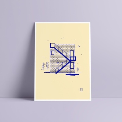 Ilustração minimalista azul em fundo bege com formas geométricas e plantas, apoiada numa superfície junto a uma parede lilás