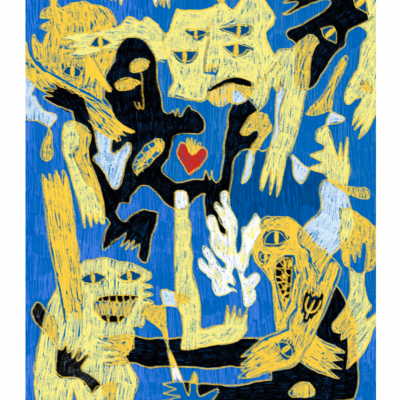 Imagem artística colorida com figuras humanas estilizadas e coração vermelho no centro.