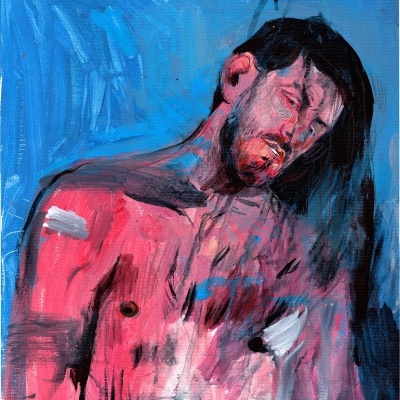 Pintura de um homem sem camisa com tons vermelhos e fundo azul