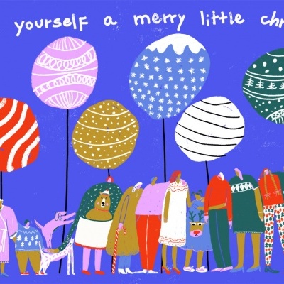 Ilustração com figuras humanas segurando balões decorativos, texto de Natal ao fundo