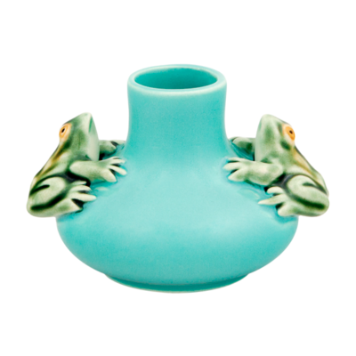 Vaso cerâmico azul turquesa com rãs verdes decorativas nas laterais