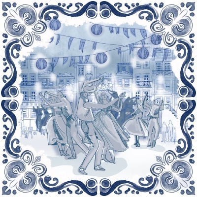 Ilustração azul e branca de festa popular com pessoas a dançar, bandeirolas e lanternas, moldura decorativa similar a azulejo