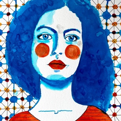 Pintura em aquarela de mulher com cabelos azuis e camisola laranja com fundo geométrico colorido