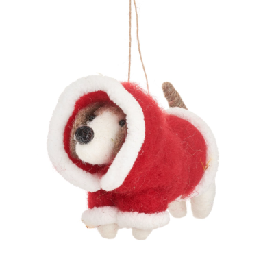 Enfeite natalício cão com casaco vermelho e branco