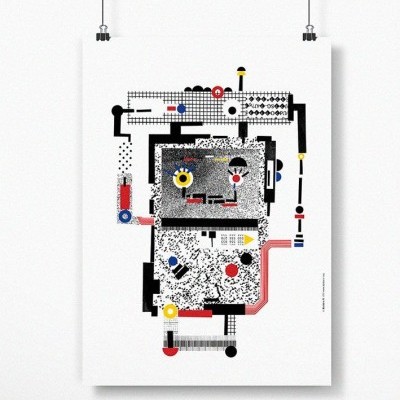 Poster artístico geométrico abstrato colorido pendurado numa parede branca