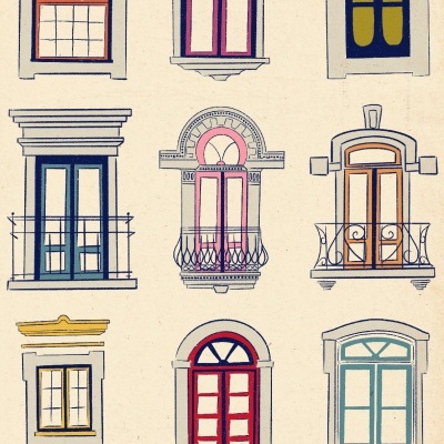 Ilustração de nove janelas de fachadas portuguesas coloridas e decoradas