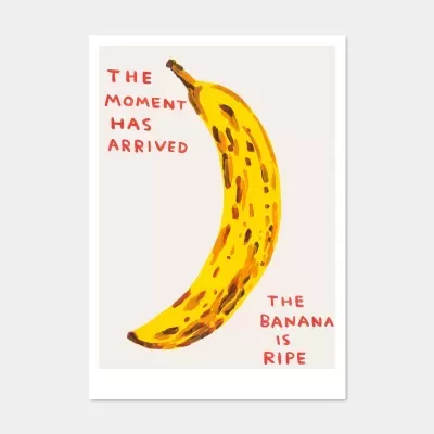 Quadro com ilustração de banana amarela madura e texto vermelho