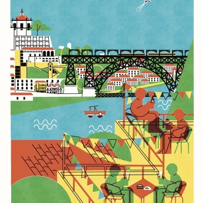 Ilustração de pessoas em esplanada junto a um rio com ponte e edifícios