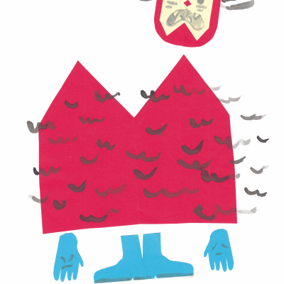 Colagem de figura humana estilizada feita com recortes de papel colorido.