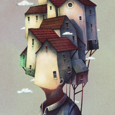 Pessoa com cabeça transformada em casas sobrepostas e nuvens ao redor