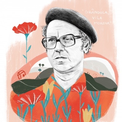 Ilustração de homem com boina, óculos e camisa florida vermelha