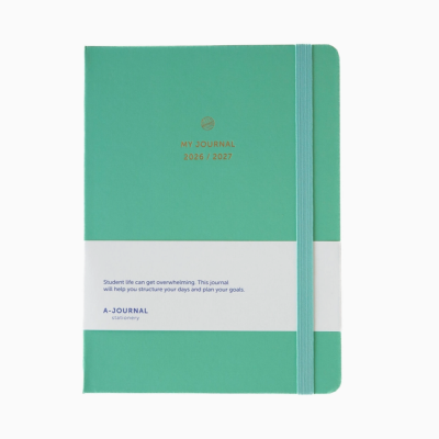 Caderno journal verde com elástico e texto dourado