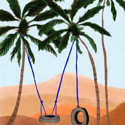 Ilustração de palmeiras com balanços de pneus num cenário de colinas e céu azul