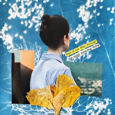 Colagem artística com pessoa de costas, flores amarelas e texto em inglês