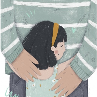 Ilustração de criança abraçada a adulto vestindo suéter verde com riscas brancas